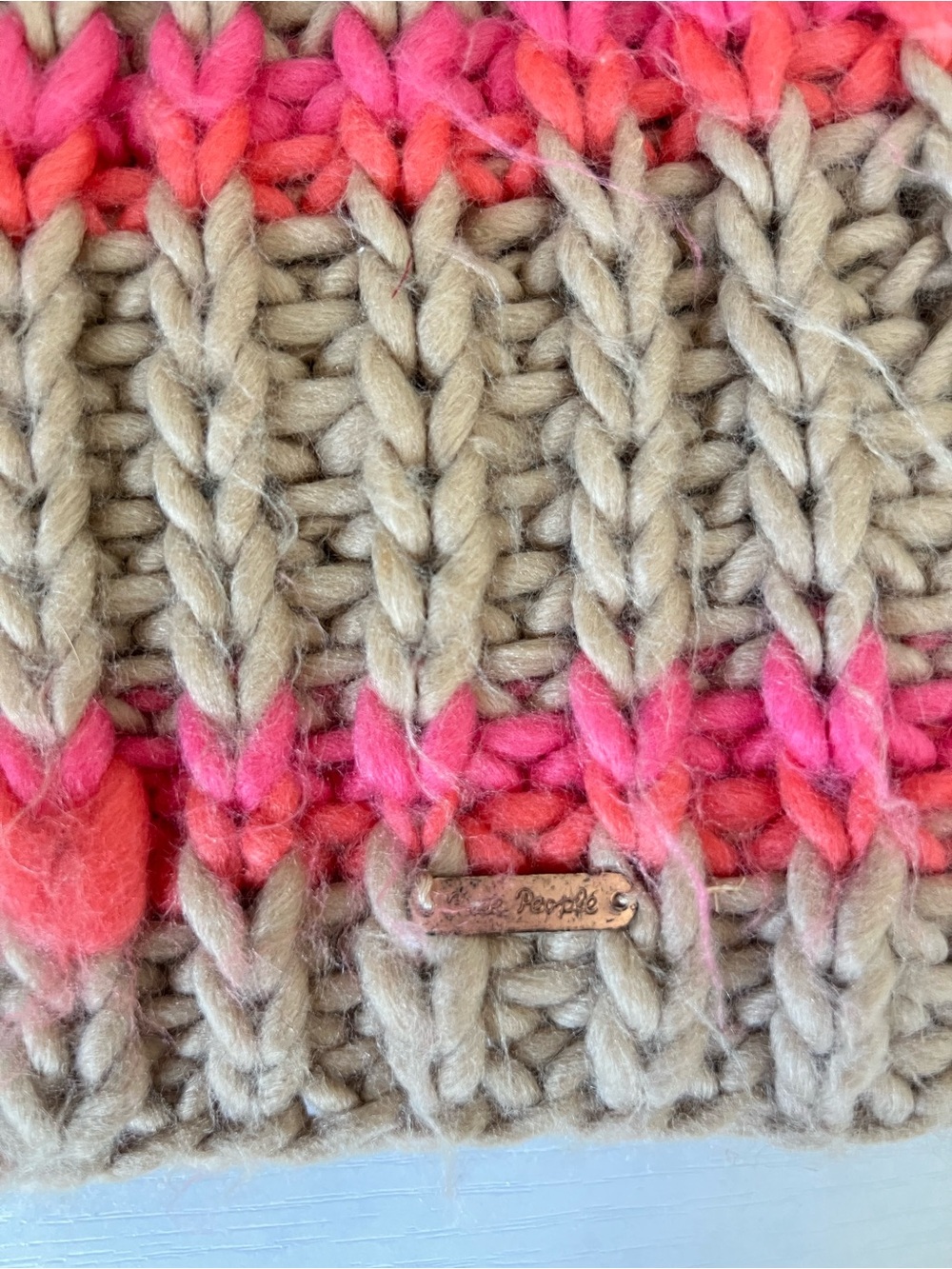 Free People tan brown pink orange striped slouchy pom pom beanie one size - Picture 3 of 6